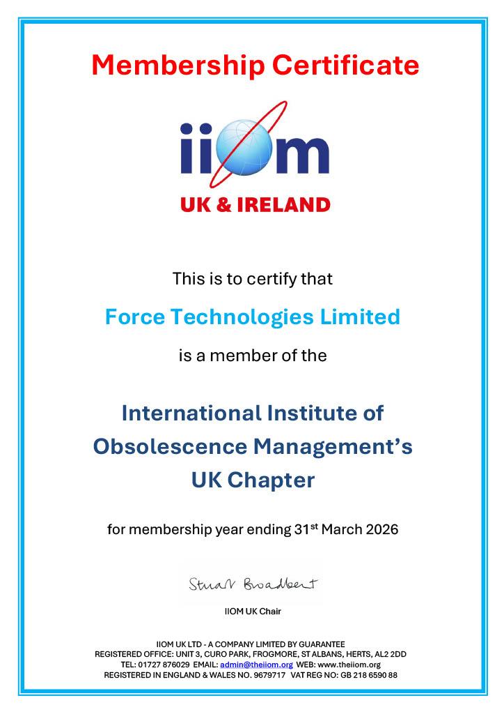 IIOM membership certificate confirming Force Technologies Limited is a member of the Institute of Obsolescence Management