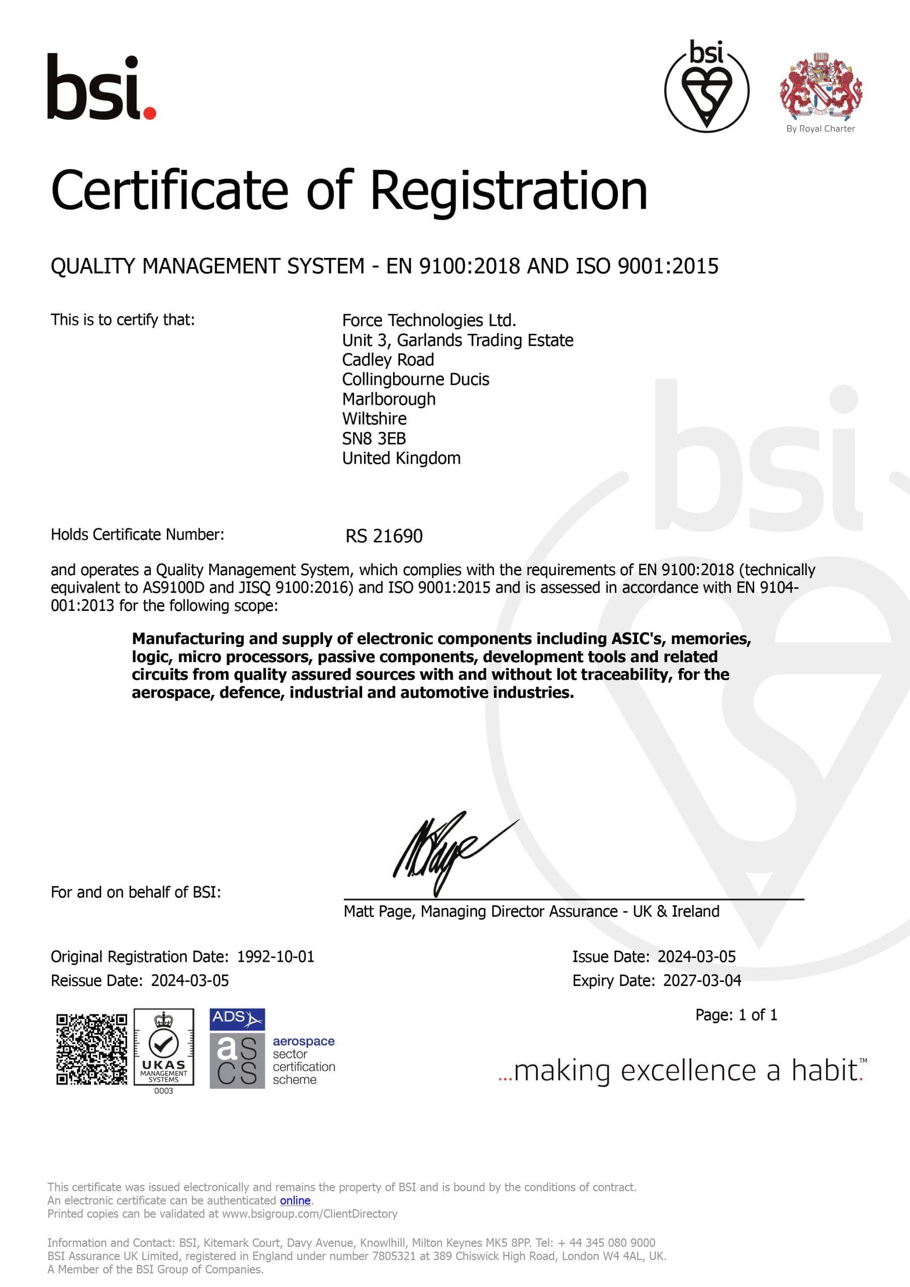 BSI Certificate of Registration for EN 9100:2018 (AS9100 Rev D) and ISO 9001:2015, held by Force Technologies Ltd