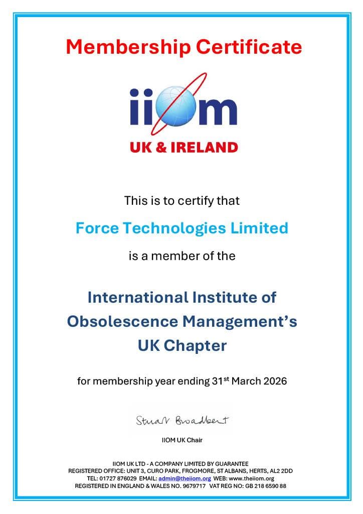 IIOM membership certificate confirming Force Technologies Limited is a member of the Institute of Obsolescence Management