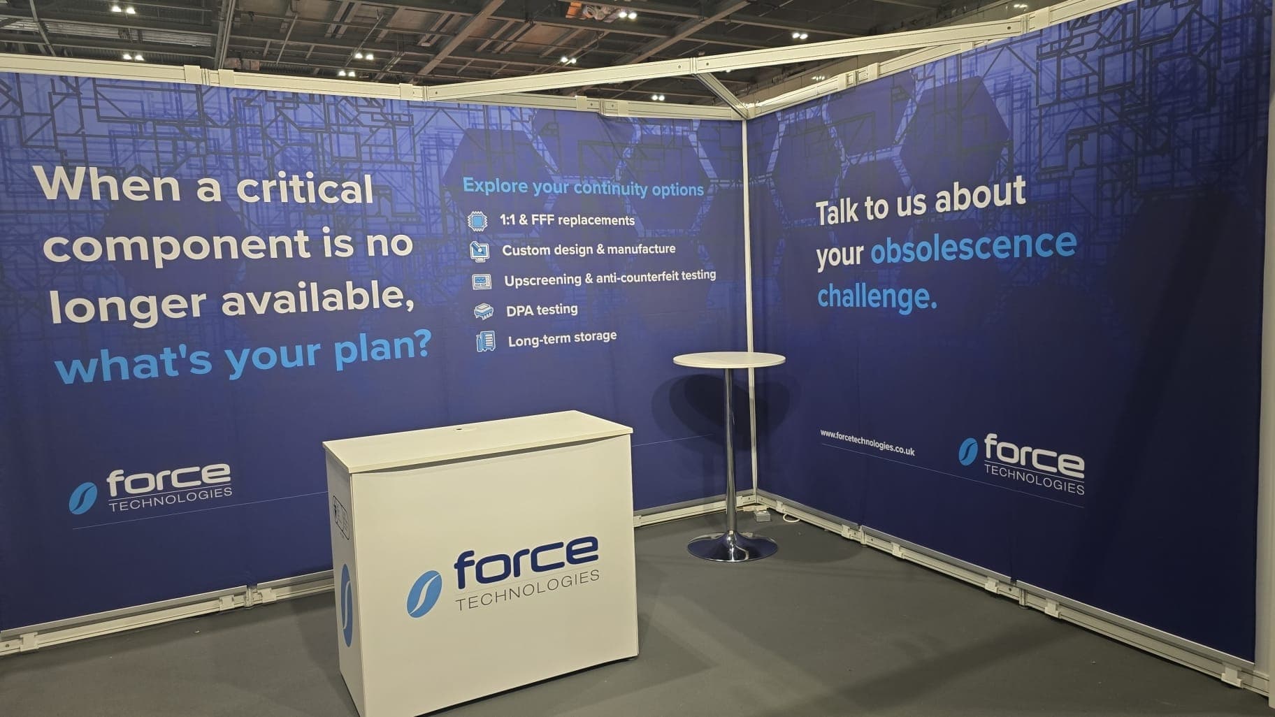 The finished Force Technologies stand G51 at Microelectronics UK 2026, ExCeL London.